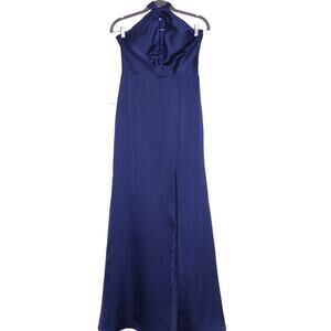 JJ'S HOUSE NEW Satin Sheath Column Dress Dark Navy Slit Halter Neck Women's 2